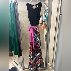 Eliza J -Black and Multicolor Maxi Dress with Pink Belt